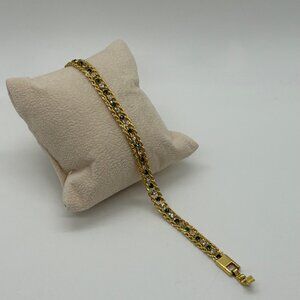 Vintage Gold-Tone 3-Strand Rope Chain Tennis Bracelet Green and Clear Rhinestone